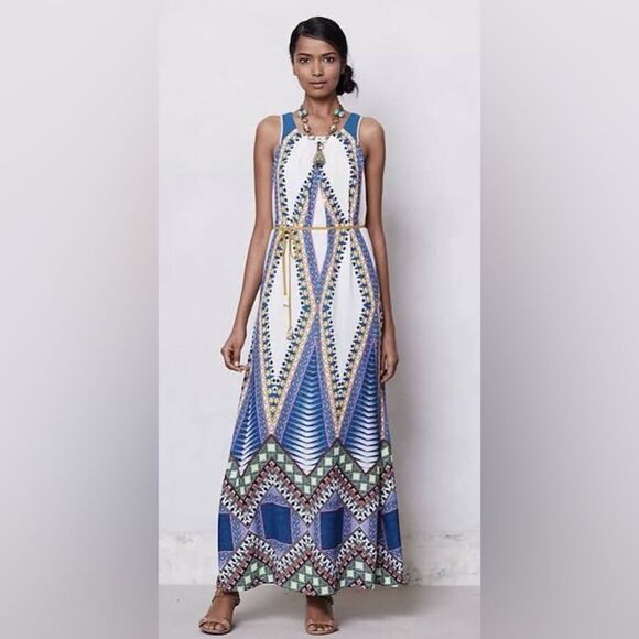 Anthropologie Maeve Pakpao Geometric Print Belted Boho Maxi Dress - Picture 2 of 13